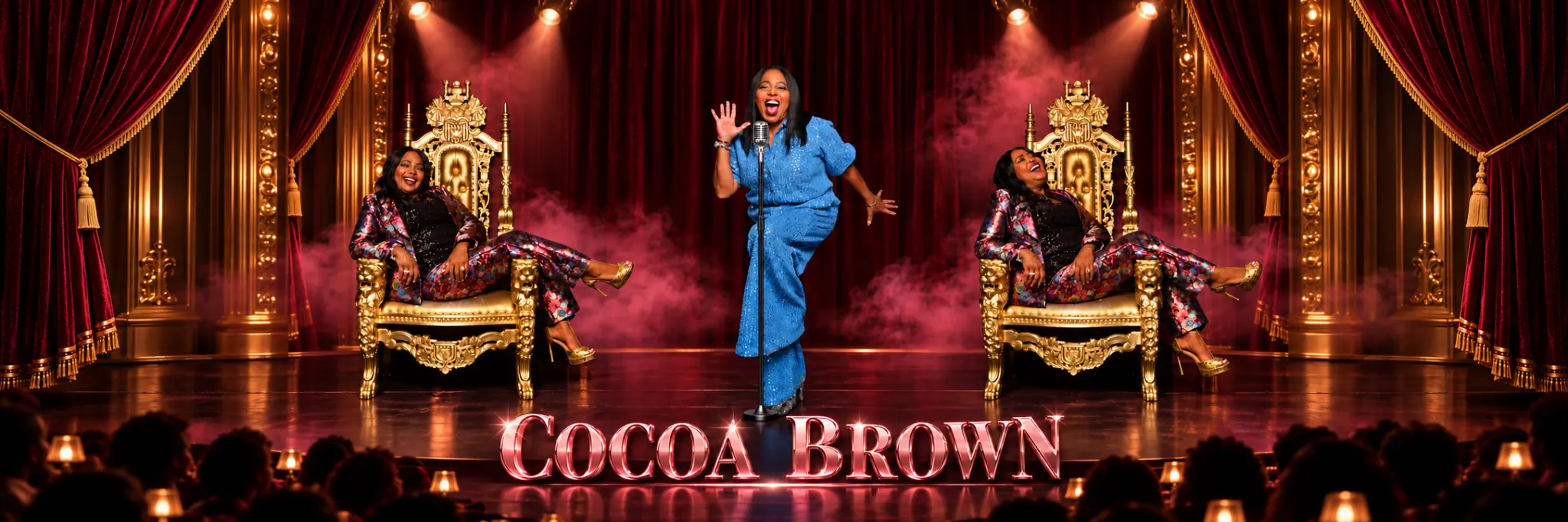 Cocoa Brown performing on a red theater stage